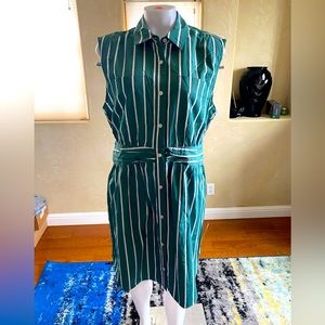 New Derek Lam 10 Crosby Sagebush Green White Striped Sleeveless Dress sz 12